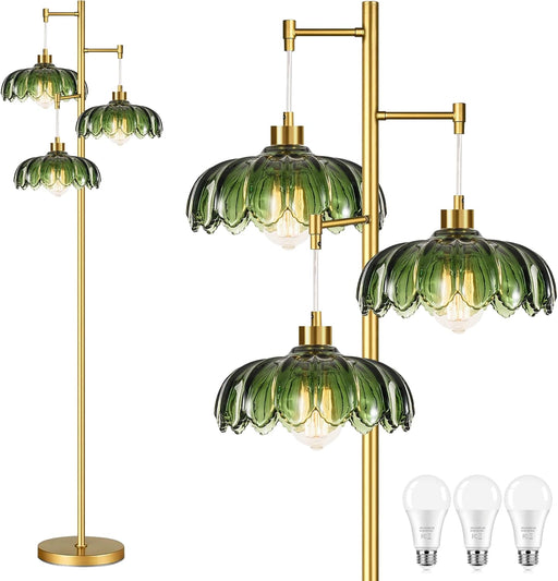 Gold Floor Lamp for Living Room Bedroom,Modern Floor Lamps with Unique Green Glass Shades,3 Lights Mid Century Tall Standing Lamp,Vintage Tree Flower Floor Lamp for Corner Office Reading