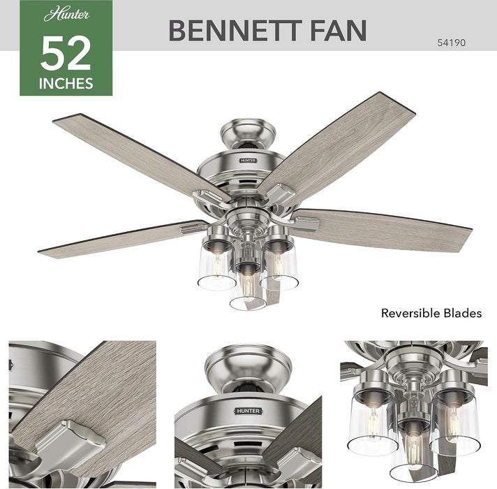 Quiet 52 Inch Reversible Brushed Nickel Ceiling Fan
