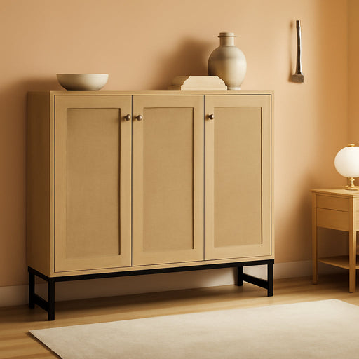 Sideboard Accent Storage Cabinet with Rattan Decorated 4 Doors Dining Room Freestanding Kitchen Buffet Table Cupboard (Natural)