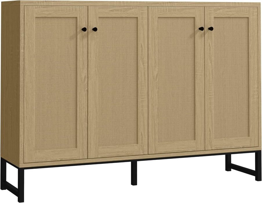 Sideboard Accent Storage Cabinet with Rattan Decorated 4 Doors Dining Room Freestanding Kitchen Buffet Table Cupboard (Natural)