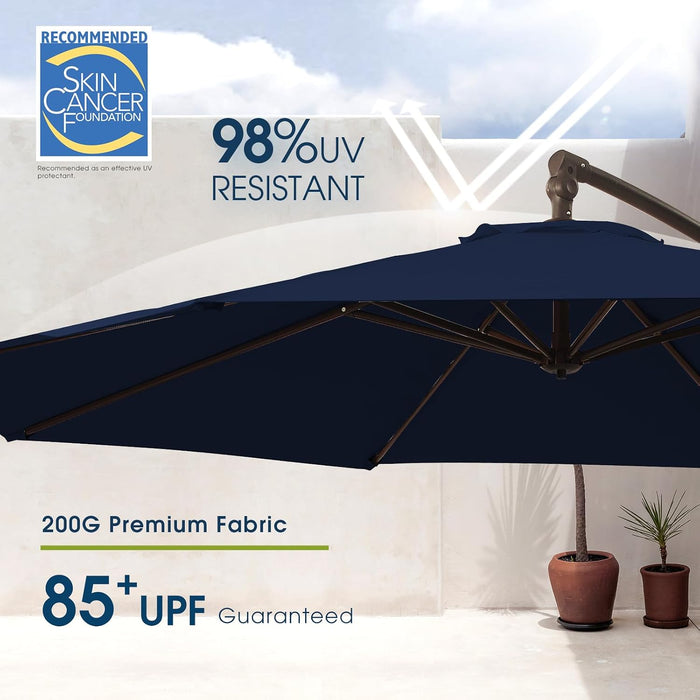 10Ft Patio Umbrellas Offset Outdoor Umbrella Cantilever Hanging Umbrellas W/Infinite Tilt, Fade Resistant Waterproof RECYCLED FABRIC Canopy & Cross Base, for Yard, Garden & Deck, Navy Blue