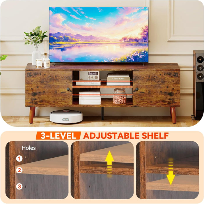 TV Stand for 55 60 Inch Tvs,Entertainment Center with 2 Storage Cabinets and Open Shelves, Modern Media Console Table for Living Room, Bedroom, Home Office,Brown