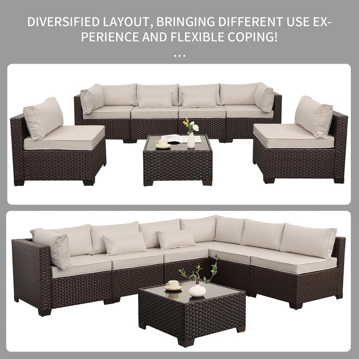 7 Pieces Wicker Patio Furniture Conversation Set Outdoor Sectional Sofa Glass Coffee Table with Non-Slip Cushions and Furniture Cover, Beige