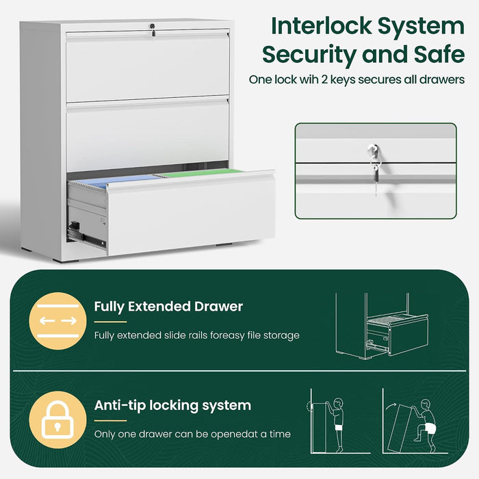 3 Drawer File Cabinet with Lock, Lateral Filing Cabinets,Metal Storage Filing Cabinets for Home Office, Heavy Duty File Cabinet for Letter/Legal/A4/F4 Size Amsseble Required, White