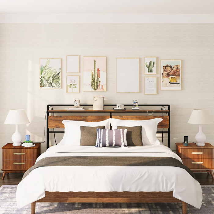 King Size Headboard, Headboard with 2 Outlets and 4 USB Ports, Adjustable Height, Storage Rack, Sturdy and Stable, Easy Assembly, Rustic Brown and Black