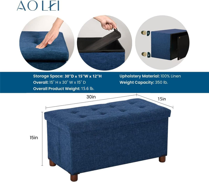 30 Inches Storage Ottoman Bench, Storage Bench with Wooden Legs for Living Room Folding Ottoman Foot Rest Removeable Lid for Bedroom End of Bed, Linen Fabric Blue