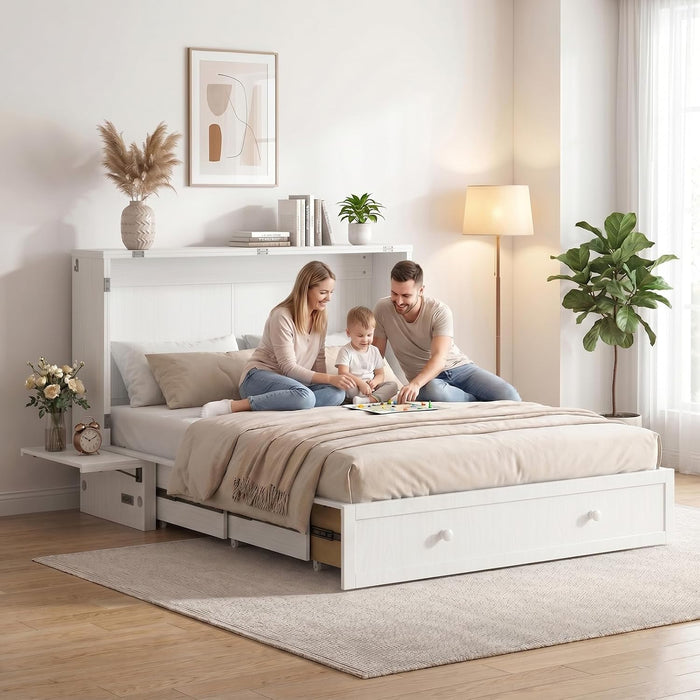 White Queen Murphy Bed Cabinet With USBChargingModule
