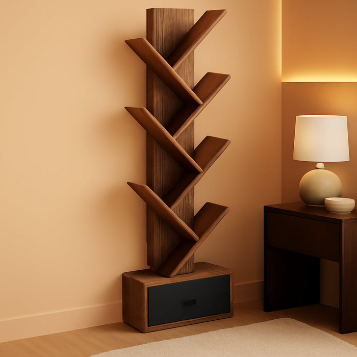Bookshelf with Drawer, 7 Shelf Tree Bookshelf, Wooden Bookshelves Storage Rack for Cds/Movies/Books, Rustic Brown Bookcase, Utility Organizer Shelves for Living Room, Bedroom