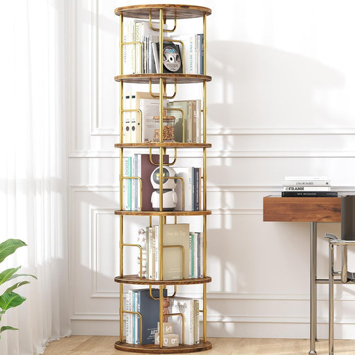 5Tier Rotating Bookshelf, 360 ° Display Stackable Spinning Bookshelf Tower,Round Space Saving Tall Floor Standing Swivel Bookcase Corner Storage Organizer for Bedroom/Living Room/Office，Gold