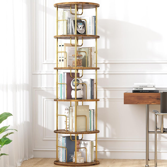5Tier Rotating Bookshelf, 360 ° Display Stackable Spinning Bookshelf Tower,Round Space Saving Tall Floor Standing Swivel Bookcase Corner Storage Organizer for Bedroom/Living Room/Office，Gold