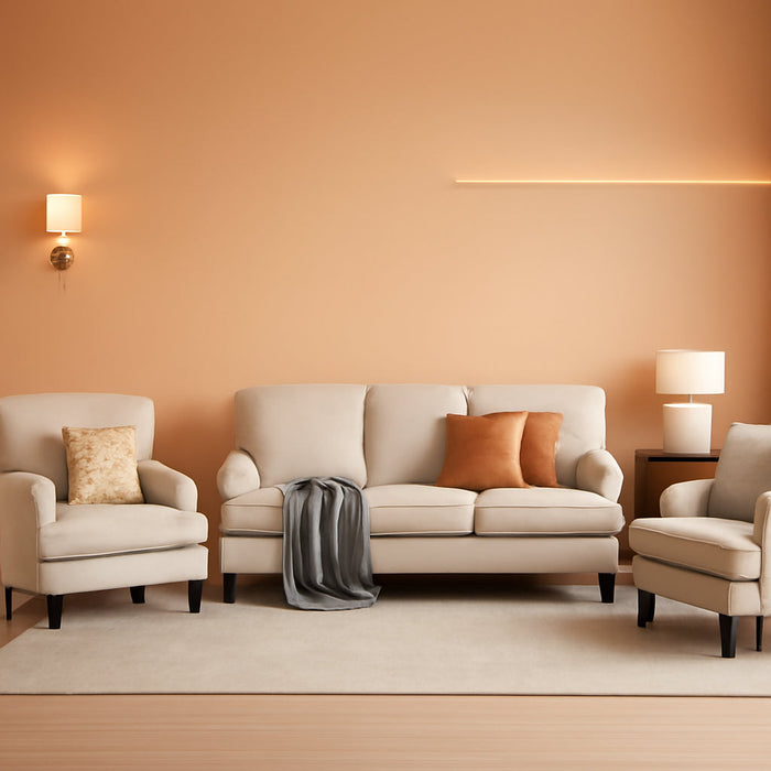 3 Piece Living Room Furniture Set, 1 Loveseat & 2 Accent Chairs, Linen Fabric Comfy Sectional Sofa Couch for Living Room, Bedroom, Off-White