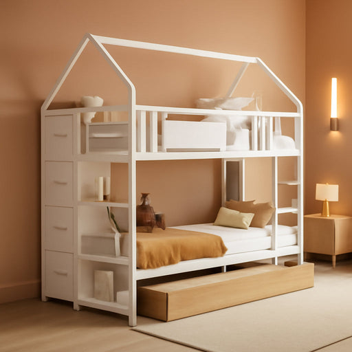 Bunk Bed Twin over Twin with Storage Drawers and Globe String Lights House Shaped Low Bunk Bed with Montessori Bookshelves Metal Bunk Beds for Kids with Ladder and Guardrail,Space Saving,White