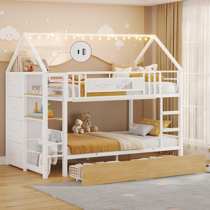 Bunk Bed Twin over Twin with Storage Drawers and Globe String Lights House Shaped Low Bunk Bed with Montessori Bookshelves Metal Bunk Beds for Kids with Ladder and Guardrail,Space Saving,White