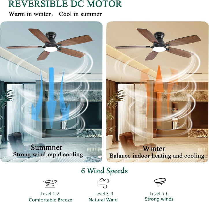 52Inch Ceiling Fans with Lights, Low Profile Ceiling Fan with Light and Remote/App Control, DC Reversible Motor, Noiseless, Flush Mount, Brown Ceiling Fan for Bedroom Indoor/Outdoor Use