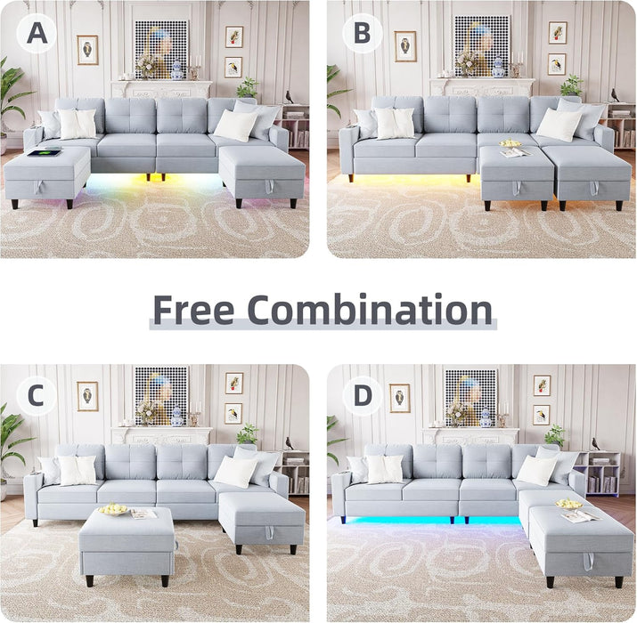 Modern LED Sectional Sofa U-Shaped Couch with Storage