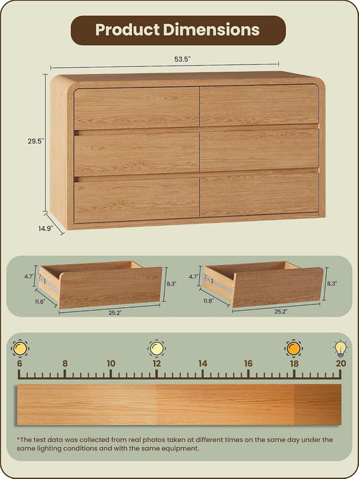 Modern 54" Wide 6 Drawers Dresser with Curved Profile Design,Oak