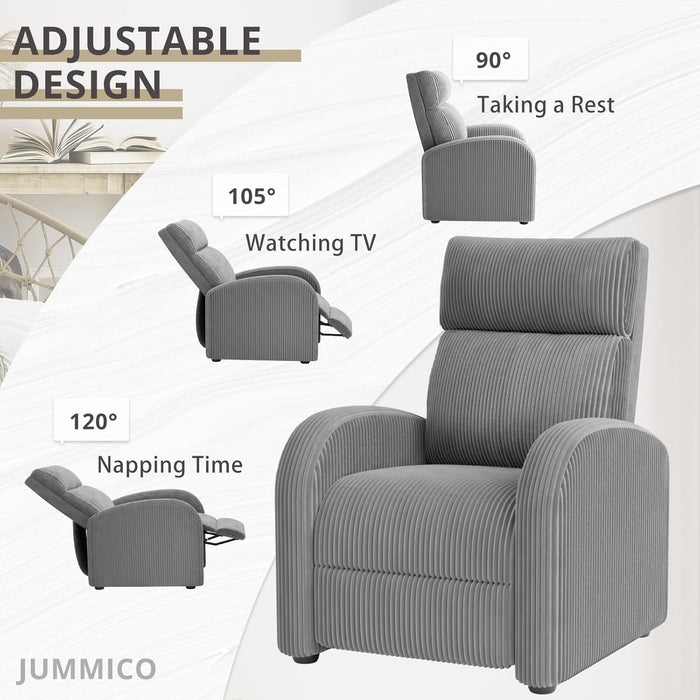 Recliner Chair Adjustable Home Theater Single Recliner Sofa Furniture with Thick Seat Cushion and Backrest Modern Living Room Recliners (Corduroy, Grey)