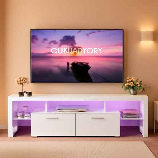 Modern Lighting 63 Inch TV Stand with Large Storage Drawer for 50 55 60 65 70 75 Inch Tvs, TV Console with 20 Color LED Lights, Entertainment Center Media and Open Shelf for Bedroom, White