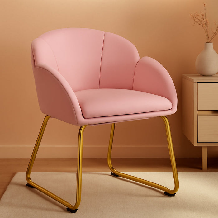 Modern PU Leather Armchair, Flower Shaped Makeup Chair Vanity Chair with Golden Metal Legs for Living Room/Makeup Room/Bedroom/Home Office/Kitchen, Simple Pink