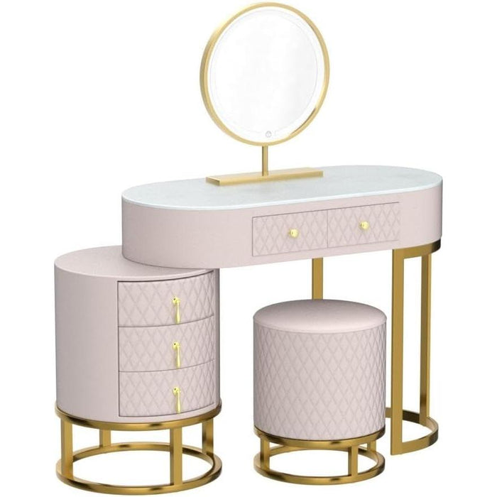 Faux Leather Makeup Vanity Desk Set with LED Lighted Mirror Luxury Dressing Makeup Table with Storage Drawers & Vanity Stool, Pink