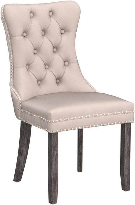 Upholstered Dining Chairs Set of 4, Velvet Tufted Dining Chairs with Nailhead Back and Ring Pull Trim, Solid Wood Dining Chairs for Kitchen/Bedroom/Dining Room (Beige)