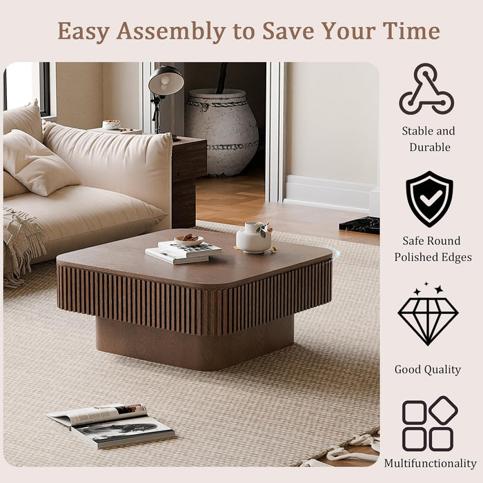 31.5 Inch Square Drum Coffee Table with Storage, Modern Handcraft Fluted Drum Coffee Table, Wooden Square Center Table Cocktail Tea Table with Sturdy Pedestal for Living Room Apartment (Walnut)