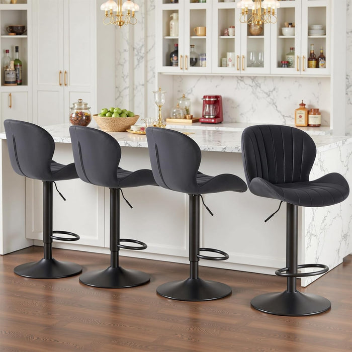 Bar Stools Set of 4, Swivel Adjustable Height Fabric Bar Chair | Barstools Counter Height, Backrest, Armless, Upholstered, Modern, Kitchen Island, Dining Room, Black