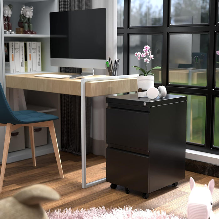 2 Drawer Vertical File Cabinet with Lock, Mobile Metal Filing Cabinet for Legal/Letter Size, Office Storage File Cabinet under Desk, Fully Assembled except Wheels, Black