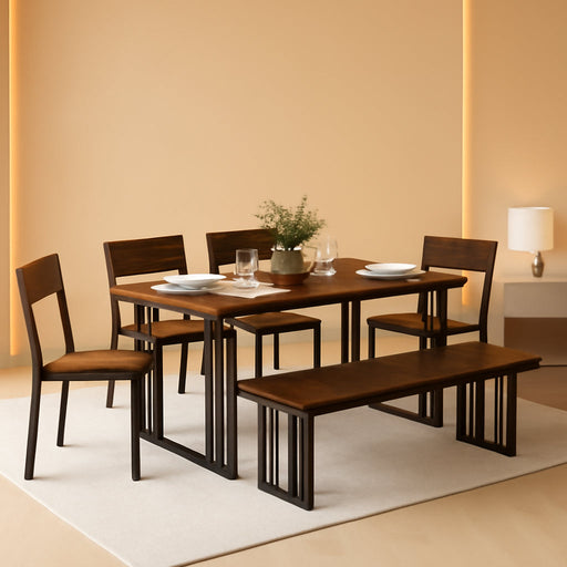 6-Piece Dining Table Set for 6-8 People, 63 Inch Kitchen Table Set with 4 Chairs and 2 Benches, Farmhouse Rectangular Dining Room Table Set for Kitchen Apartment Saving Space, Rustic Brown