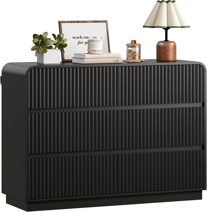 Black Dresser Fluted 6 Drawers Dresser for Bedroom, 47" Wide Wood Chest of Drawers with Hidden Handles & Rounded Corners, Modern TV Stand Storage Cabinet for Living Room, Hallway, Entryway