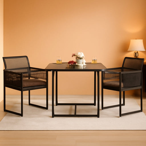 3 Pieces Outdoor Dining Set, Patio PE Rattan Furniture Set with Folding Backrest, Cozy Seat Cushions, Tempered Glass Tabletop, Space-Saving Rattan Chair Table Set for Backyard, Poolside