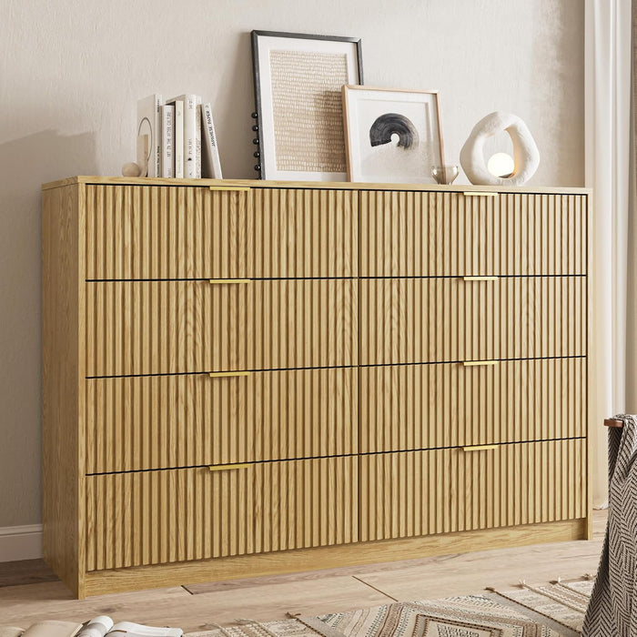 55" Wide Fluted 8-Drawer Double Dresser for Bedroom, Natural