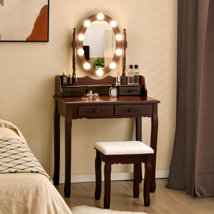 Girls Vanity Table with Lighted Mirror and Stool, 10 Dimmable LED Lights, 3 Color Lighting Modes, 4 Drawers, Rose-Shaped Handle, Bedroom Dressing Makeup Vanity Desk Set (Espresso)