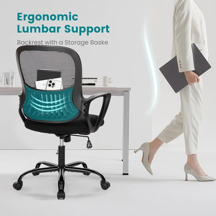 Office Chair, Mid Back Computer Ergonomic Mesh Desk with Larger Seat, Executive Height Adjustable Swivel Task with Lumbar Support and Armrests for Women Adults