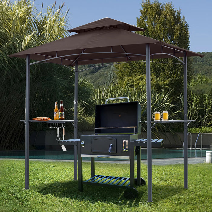 8'X 5' Grill Gazebo Shelter, Double Tier Outdoor BBQ Gazebo Canopy with LED Light(Brown)