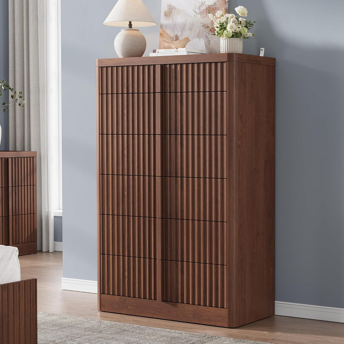 Fluted Dresser for Bedroom, 48" Tall 6 Drawer Dressers, Modern Chest of Drawers with Solid Wood Handle, Curved Profile Design, Wood Dresser Storage Organizer, Living Room, Hallway, Walnut