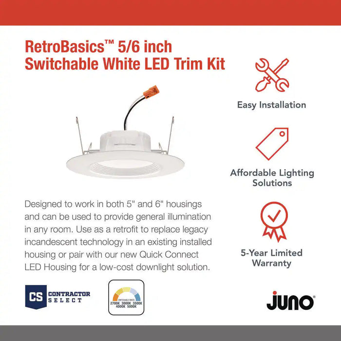 Contractor Select Retrobasics 5/6 In. Selectable CCT Integrated LED Retrofit White Recessed Light Trim