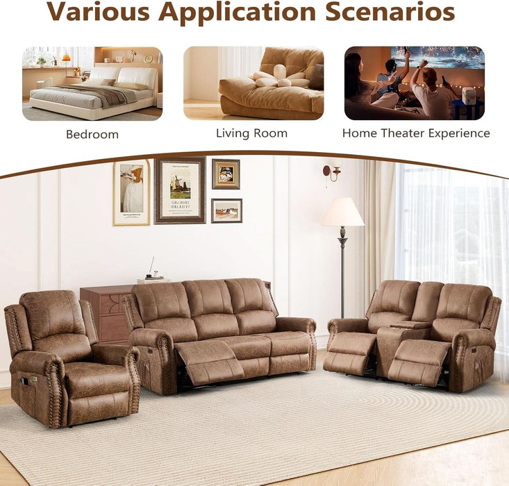 3-Piece Power Reclining Sofa Set with Rivets, Included Electric Massage Recliners, Loveseat Couch with Console and 3-Seater Recliner Sofa, Faux Leather Living Room Furniture Set, Brown
