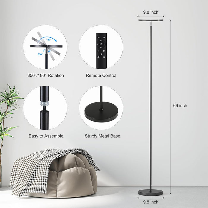 Floor Lamps for Living Room, 32W/3000LM Super Bright LED Floor Lamp with Remote Control, 69" Tall Standing Lamp with Stepless Dimmable, Modern Torchiere Corner Lamp for Bedroom, Office