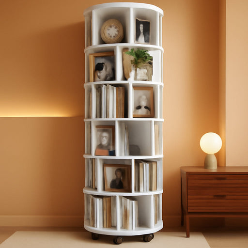 6-Tier Rotating Bookshelf Tower, Solid Wood 360° Revolving Bookcase | round Spinning Book Shelf Organizer on 6 Wheels, Narrow Rolling Bookshelves for Small Spaces, Corner, Bedroom, Office, White