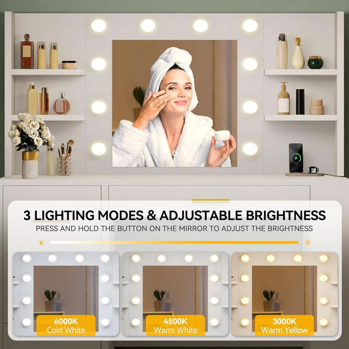 Vanity Desk with 22" Mirror, LED Lights and Power Outlet, Makeup Table with 4 Drawers, Adjustable 3 Lighting Colors, Vanity Table with Open Storage Shelves for Bedroom Dressing Room, White