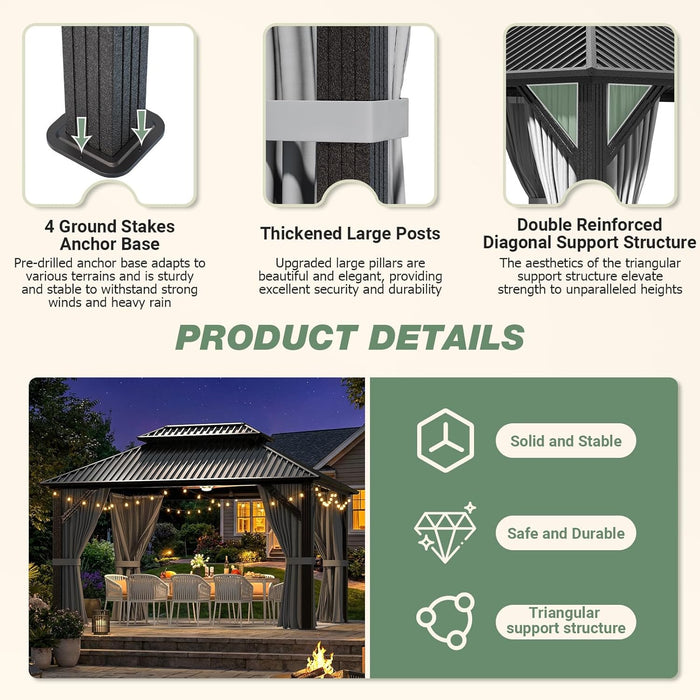 10'X12' Outdoor Gazebo Hardtop Grill Gazebo Aluminum Galvanized Steel Double Roof Outdoor Pergola Include Curtain and Netting for Backyard, Patio, Lawn