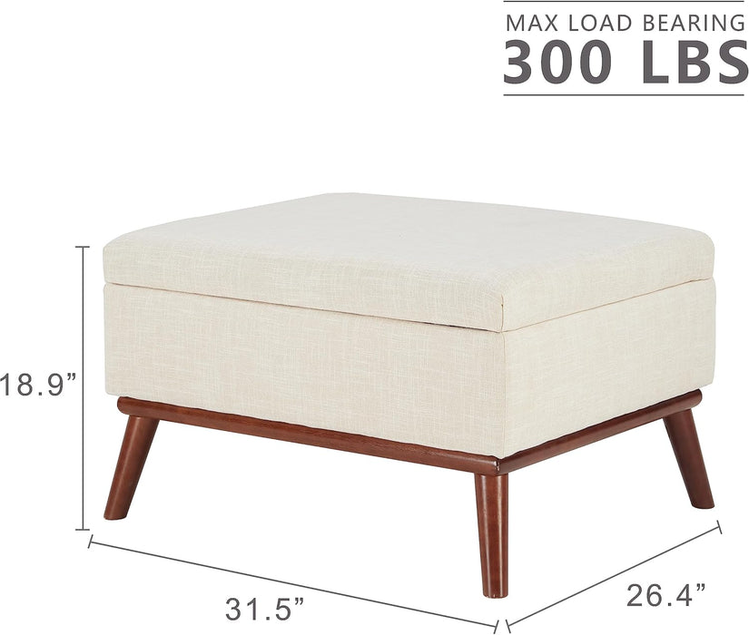 Large Ottoman with Storage, Mid Century Modern Rectangle Coffee Table with Lid Lifting Function, High Wooden Legs, Oversized Storage Ottomans for Living Room, Office Room, Beige