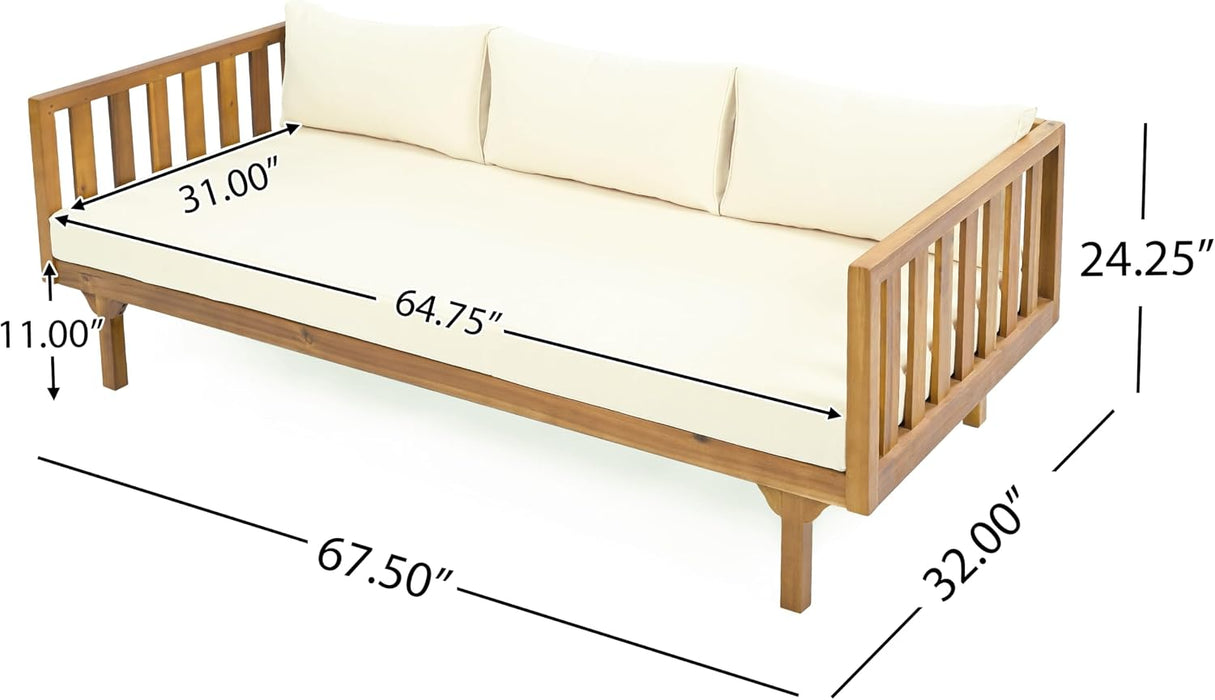 Outdoor Acacia Wood Conversation Set - Patio 3-Seat Loveseat Sofa W/Coushion and round Coffee Table for Backyard, Lawn, Balcony, Teak+Beige
