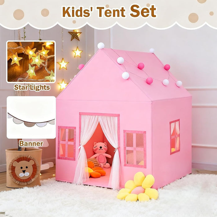 Large Kids Tent Playhouse,Kids Play Tent 2 in 1 with Padded Mat,Flags and Lights,Large Baby Playhouse with 1 Doors & 4 Windows,Portable Princess Tent for Children Indoor and Outdoor Games,Gift