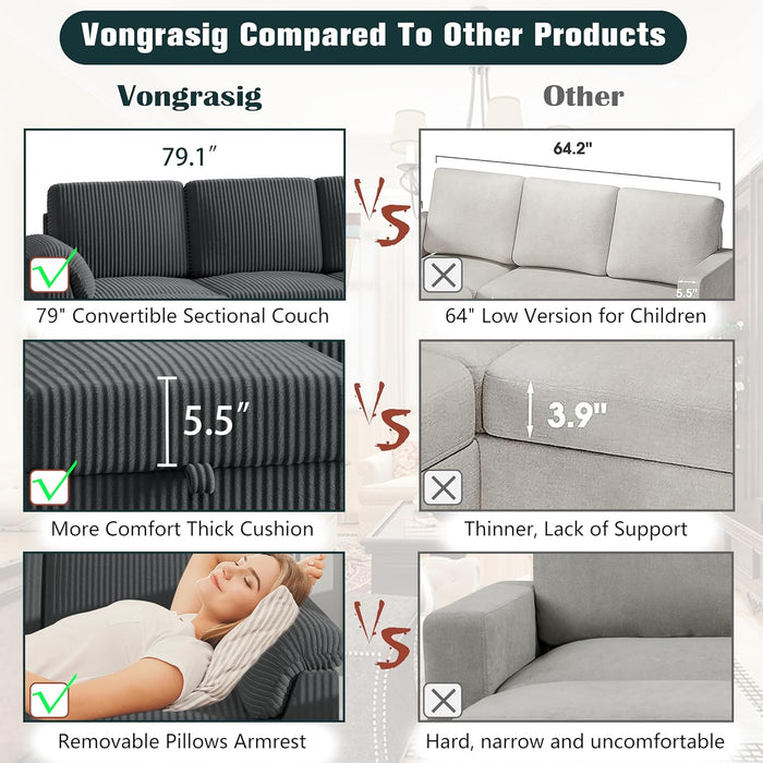 79 Inch Corduroy Upholstered Sectional Sofa Charcoal