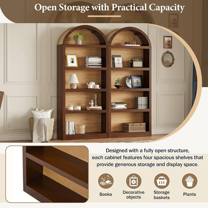 Farmhouse Bookshelf Set of 2, Freestanding Tall Bookcase with Two-Tone Finish & Fabric Arched Top, 5-Tier Open Storage Cabinet for Living Room, Home Office, Bedroom, Walnut