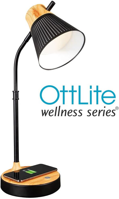 Wellness Series Wireless Charging LED Table Lamp, LED Desk Lamp and Book Light, Reading Light, Great Desk Lights for Home Office, Black with Woodgrain Accents