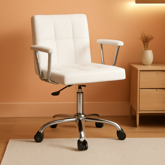 Home Office Desk Chair with Armrest and Wheels, Modern PU Leather Mid-Back Office Task Chair, Height Adjustable Swivel Computer Chairs for Home Office, White