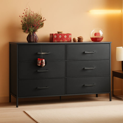 Wide Fabric Dresser, 6 Drawer Dresser TV Stand for 60" TV, Dressers Bedroom Furniture Large Storage Tower Unit with Fabric Bins, Black Dresser for Bedroom, Closet, Hallway, Black